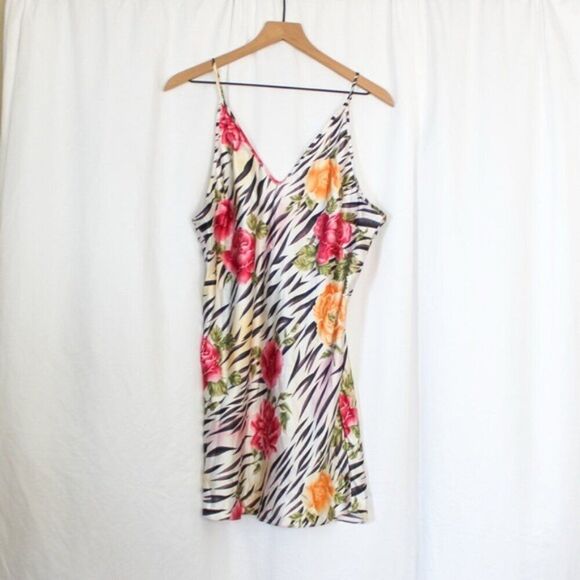 Vintage Popsi Lingerie V-neck Zebra and Rose Sleep Cami Dress X-Large - Picture 1 of 7